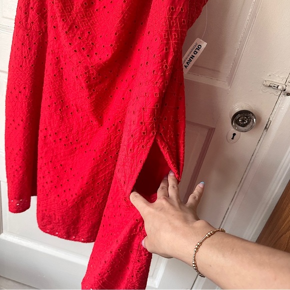 Old Navy Babydoll Mini Dress Embroidered Red Lace Eyelet Smocked Pockets Stretch - Picture 6 of 16